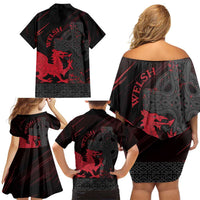 Wales Family Matching Off Shoulder Short Dress and Hawaiian Shirt Celtic Cross Welsh Red Dragon - Wonder Print Shop