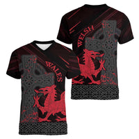 Wales Women V-Neck T-Shirt Celtic Cross Welsh Red Dragon - Wonder Print Shop