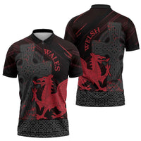 Wales Zipper Polo Shirt Celtic Cross Welsh Red Dragon - Wonder Print Shop