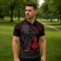 Wales Zipper Polo Shirt Celtic Cross Welsh Red Dragon - Wonder Print Shop