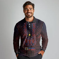 Filipino Barong Tagalog Inspired Personalised Long Sleeve Polo Shirt Mabuhay Philippines Festival Polynesian Pattern