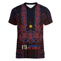 Filipino Barong Tagalog Inspired Personalised Women V-Neck T-Shirt Mabuhay Philippines Festival Polynesian Pattern