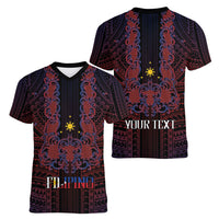 Filipino Barong Tagalog Inspired Personalised Women V-Neck T-Shirt Mabuhay Philippines Festival Polynesian Pattern