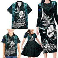 New Zealand Silver Fern Rugby Family Matching Long Sleeve Bodycon Dress and Hawaiian Shirt Aotearoa All Black Dabbing Ball With Maori Paua Shell - Wonder Print Shop