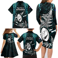 New Zealand Silver Fern Rugby Family Matching Long Sleeve Bodycon Dress and Hawaiian Shirt Aotearoa All Black Dabbing Ball With Maori Paua Shell - Wonder Print Shop