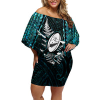 New Zealand Silver Fern Rugby Family Matching Off Shoulder Short Dress and Hawaiian Shirt Aotearoa All Black Dabbing Ball With Maori Paua Shell - Wonder Print Shop