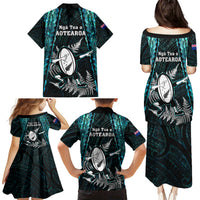New Zealand Silver Fern Rugby Family Matching Puletasi Dress and Hawaiian Shirt Aotearoa All Black Dabbing Ball With Maori Paua Shell - Wonder Print Shop
