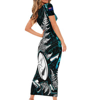 New Zealand Silver Fern Rugby Family Matching Short Sleeve Bodycon Dress and Hawaiian Shirt Aotearoa All Black Dabbing Ball With Maori Paua Shell - Wonder Print Shop
