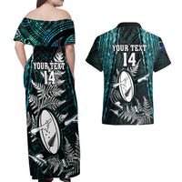 Custom New Zealand Silver Fern Rugby Couples Matching Off Shoulder Maxi Dress and Hawaiian Shirt Aotearoa All Black Dabbing Ball With Maori Paua Shell - Wonder Print Shop
