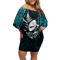 Custom New Zealand Silver Fern Rugby Family Matching Off Shoulder Short Dress and Hawaiian Shirt Aotearoa All Black Dabbing Ball With Maori Paua Shell - Wonder Print Shop