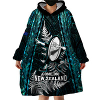 Custom New Zealand Silver Fern Rugby Wearable Blanket Hoodie Aotearoa All Black Dabbing Ball With Maori Paua Shell - Wonder Print Shop
