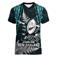 Custom New Zealand Silver Fern Rugby Women V Neck T Shirt Aotearoa All Black Dabbing Ball With Maori Paua Shell - Wonder Print Shop