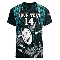 Custom New Zealand Silver Fern Rugby Women V Neck T Shirt Aotearoa All Black Dabbing Ball With Maori Paua Shell - Wonder Print Shop