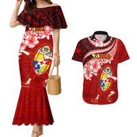 Tonga Rugby Couples Matching Mermaid Dress and Hawaiian Shirt Ikale Tahi Tongan Ngatu Pattern With Dabbing Ball - Wonder Print Shop