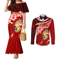 tonga-rugby-couples-matching-mermaid-dress-and-long-sleeve-button-shirts-ikale-tahi-tongan-ngatu-pattern-with-dabbing-ball