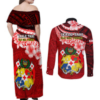 Tonga Rugby Couples Matching Off Shoulder Maxi Dress and Long Sleeve Button Shirts Ikale Tahi Tongan Ngatu Pattern With Dabbing Ball - Wonder Print Shop