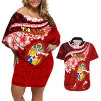 Tonga Rugby Couples Matching Off Shoulder Short Dress and Hawaiian Shirt Ikale Tahi Tongan Ngatu Pattern With Dabbing Ball - Wonder Print Shop