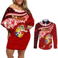 Tonga Rugby Couples Matching Off Shoulder Short Dress and Long Sleeve Button Shirts Ikale Tahi Tongan Ngatu Pattern With Dabbing Ball - Wonder Print Shop