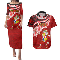 Tonga Rugby Couples Matching Puletasi Dress and Hawaiian Shirt Ikale Tahi Tongan Ngatu Pattern With Dabbing Ball - Wonder Print Shop