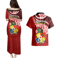 Tonga Rugby Couples Matching Puletasi Dress and Hawaiian Shirt Ikale Tahi Tongan Ngatu Pattern With Dabbing Ball - Wonder Print Shop