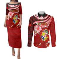Tonga Rugby Couples Matching Puletasi Dress and Long Sleeve Button Shirts Ikale Tahi Tongan Ngatu Pattern With Dabbing Ball - Wonder Print Shop