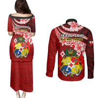 Tonga Rugby Couples Matching Puletasi Dress and Long Sleeve Button Shirts Ikale Tahi Tongan Ngatu Pattern With Dabbing Ball - Wonder Print Shop