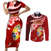 Tonga Rugby Couples Matching Short Sleeve Bodycon Dress and Long Sleeve Button Shirts Ikale Tahi Tongan Ngatu Pattern With Dabbing Ball - Wonder Print Shop