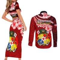 Tonga Rugby Couples Matching Short Sleeve Bodycon Dress and Long Sleeve Button Shirts Ikale Tahi Tongan Ngatu Pattern With Dabbing Ball - Wonder Print Shop