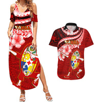 Tonga Rugby Couples Matching Summer Maxi Dress and Hawaiian Shirt Ikale Tahi Tongan Ngatu Pattern With Dabbing Ball - Wonder Print Shop
