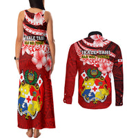 Tonga Rugby Couples Matching Tank Maxi Dress and Long Sleeve Button Shirts Ikale Tahi Tongan Ngatu Pattern With Dabbing Ball - Wonder Print Shop
