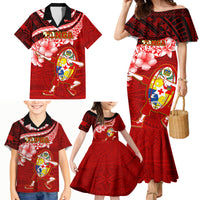 Tonga Rugby Family Matching Mermaid Dress and Hawaiian Shirt Ikale Tahi Tongan Ngatu Pattern With Dabbing Ball - Wonder Print Shop