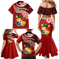 Tonga Rugby Family Matching Mermaid Dress and Hawaiian Shirt Ikale Tahi Tongan Ngatu Pattern With Dabbing Ball - Wonder Print Shop