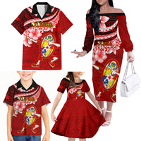 Tonga Rugby Family Matching Off Shoulder Long Sleeve Dress and Hawaiian Shirt Ikale Tahi Tongan Ngatu Pattern With Dabbing Ball - Wonder Print Shop