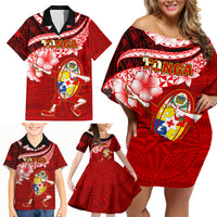 Tonga Rugby Family Matching Off Shoulder Short Dress and Hawaiian Shirt Ikale Tahi Tongan Ngatu Pattern With Dabbing Ball - Wonder Print Shop