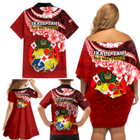 Tonga Rugby Family Matching Off Shoulder Short Dress and Hawaiian Shirt Ikale Tahi Tongan Ngatu Pattern With Dabbing Ball - Wonder Print Shop