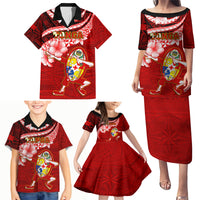 Tonga Rugby Family Matching Puletasi Dress and Hawaiian Shirt Ikale Tahi Tongan Ngatu Pattern With Dabbing Ball - Wonder Print Shop