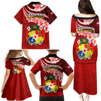 Tonga Rugby Family Matching Puletasi Dress and Hawaiian Shirt Ikale Tahi Tongan Ngatu Pattern With Dabbing Ball - Wonder Print Shop
