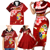 Tonga Rugby Family Matching Short Sleeve Bodycon Dress and Hawaiian Shirt Ikale Tahi Tongan Ngatu Pattern With Dabbing Ball - Wonder Print Shop