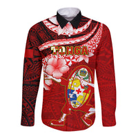 Tonga Rugby Long Sleeve Button Shirt Ikale Tahi Tongan Ngatu Pattern With Dabbing Ball - Wonder Print Shop