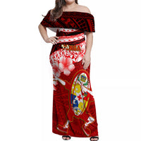 Tonga Rugby Off Shoulder Maxi Dress Ikale Tahi Tongan Ngatu Pattern With Dabbing Ball - Wonder Print Shop
