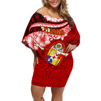 Tonga Rugby Off Shoulder Short Dress Ikale Tahi Tongan Ngatu Pattern With Dabbing Ball - Wonder Print Shop