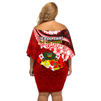 Tonga Rugby Off Shoulder Short Dress Ikale Tahi Tongan Ngatu Pattern With Dabbing Ball - Wonder Print Shop