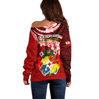 Tonga Rugby Off Shoulder Sweater Ikale Tahi Tongan Ngatu Pattern With Dabbing Ball - Wonder Print Shop