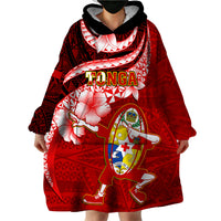 Tonga Rugby Wearable Blanket Hoodie Ikale Tahi Tongan Ngatu Pattern With Dabbing Ball - Wonder Print Shop