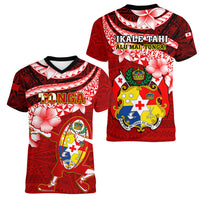 Tonga Rugby Women V Neck T Shirt Ikale Tahi Tongan Ngatu Pattern With Dabbing Ball - Wonder Print Shop