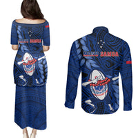 Samoa Rugby Couples Matching Puletasi Dress and Long Sleeve Button Shirts Manu Samoa Ula Fala Dabbing Ball Polynesian Blue Version - Wonder Print Shop