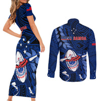 Samoa Rugby Couples Matching Short Sleeve Bodycon Dress and Long Sleeve Button Shirts Manu Samoa Ula Fala Dabbing Ball Polynesian Blue Version - Wonder Print Shop