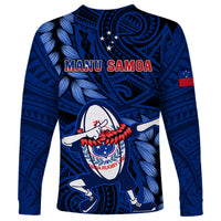 Samoa Rugby Long Sleeve Shirt Manu Samoa Ula Fala Dabbing Ball Polynesian Blue Version - Wonder Print Shop