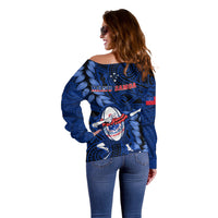 Samoa Rugby Off Shoulder Sweater Manu Samoa Ula Fala Dabbing Ball Polynesian Blue Version - Wonder Print Shop