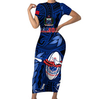 Samoa Rugby Short Sleeve Bodycon Dress Manu Samoa Ula Fala Dabbing Ball Polynesian Blue Version - Wonder Print Shop